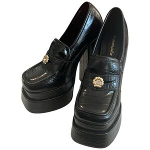 Platform Black Faux Croc Loafers Y2K Grunge Soft Alt Preppy Sz 7 EUC‎